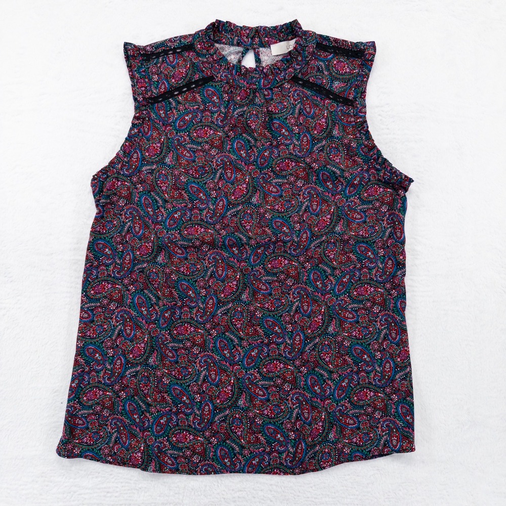 LOFT Womens Blouse Small Multicolor Paisley Ruffle Neck Lace Trim Sleeveless Top